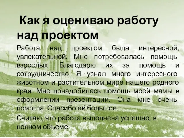 Как я оцениваю работу над проектом Работа над проектом была