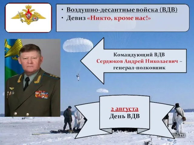 2 августа День ВДВ Командующий ВДВ Сердюков Андрей Николаевич – генерал-полковник