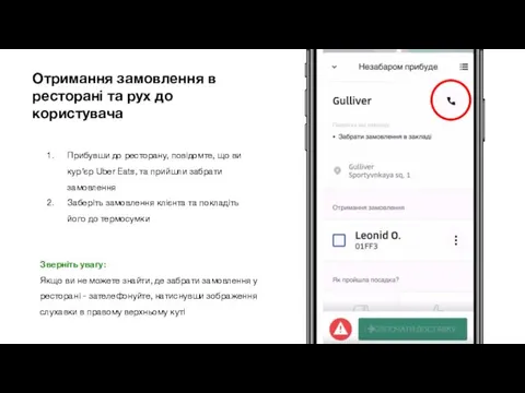 Отримання замовлення в ресторані та рух до користувача Прибувши до