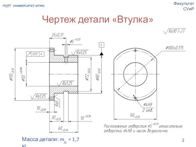 Чертеж детали «Втулка» Факультет СУиР Масса детали: mд. = 1,7 кг.