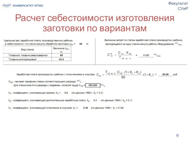 Расчет себестоимости изготовления заготовки по вариантам Факультет СУиР