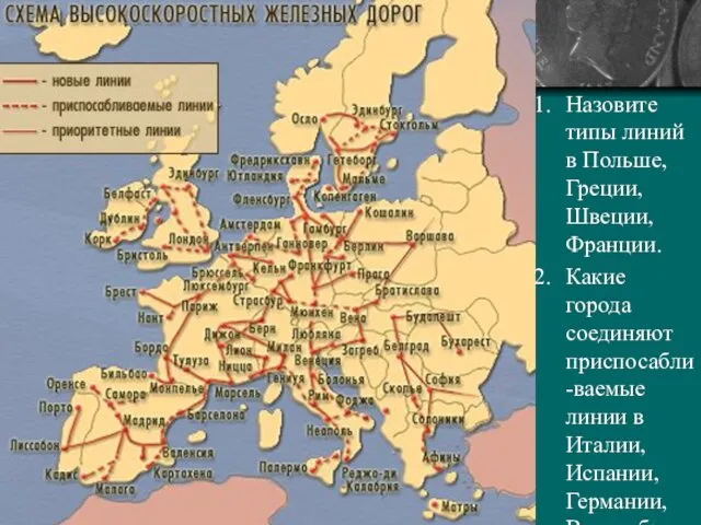 Назовите типы линий в Польше, Греции, Швеции, Франции. Какие города