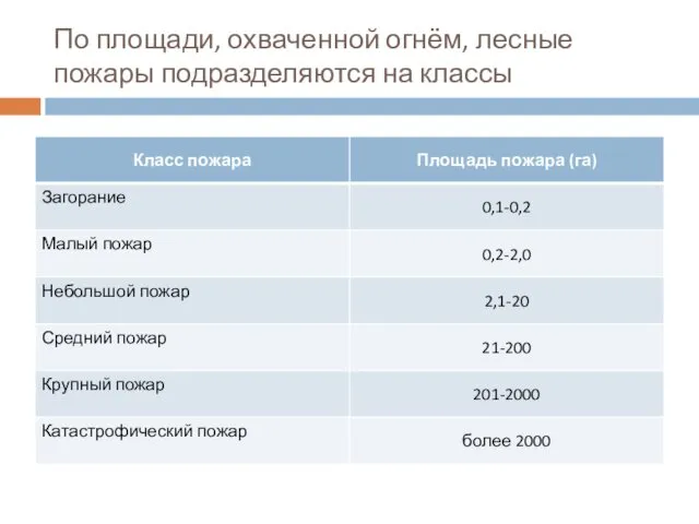 По площади, охваченной огнём, лесные пожары подразделяются на классы