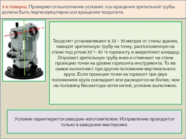 3-я поверка. Проверяется выполнение условия: ось вращения зрительной трубы должна