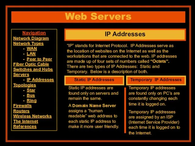 Web Servers IP Addresses “IP” stands for Internet Protocol. IP