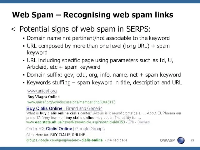 Potential signs of web spam in SERPS: Domain name not