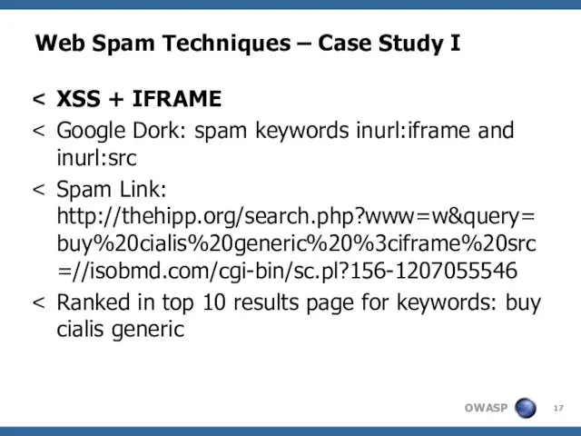 Web Spam Techniques – Case Study I XSS + IFRAME