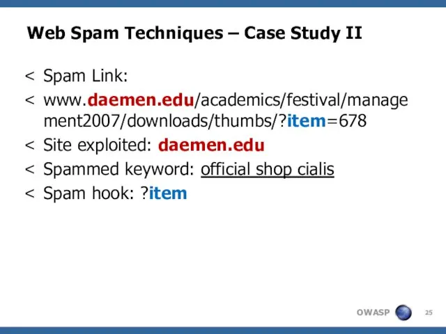 Web Spam Techniques – Case Study II Spam Link: www.daemen.edu/academics/festival/management2007/downloads/thumbs/?item=678