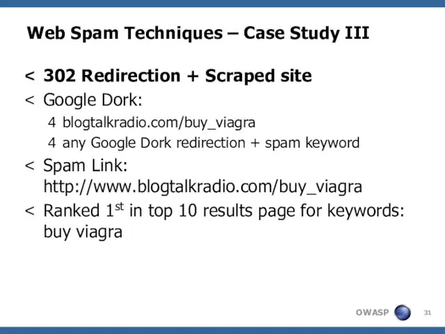 Web Spam Techniques – Case Study III 302 Redirection +