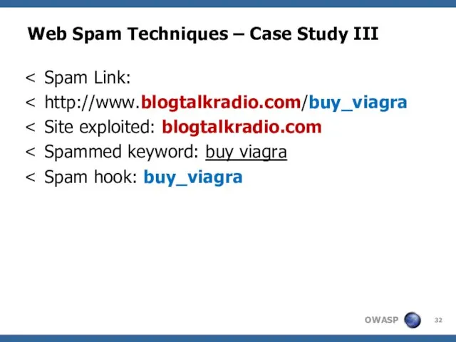 Web Spam Techniques – Case Study III Spam Link: http://www.blogtalkradio.com/buy_viagra