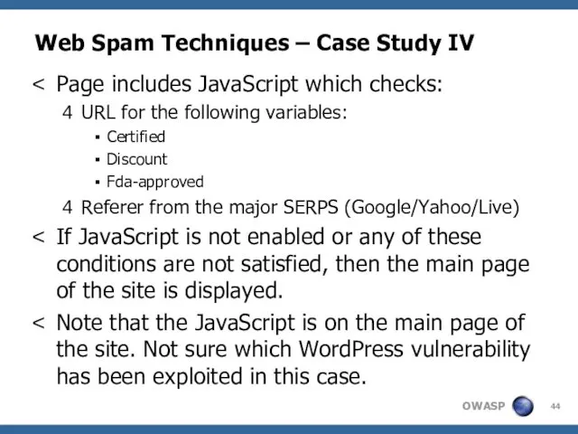 Web Spam Techniques – Case Study IV Page includes JavaScript