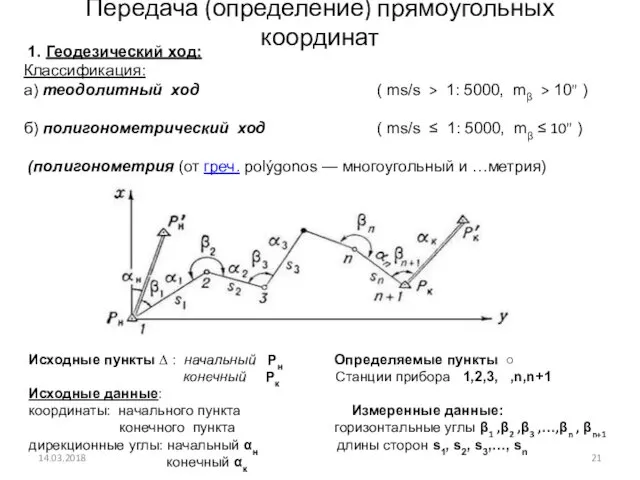 Передача (определение) прямоугольных координат 1. Геодезический ход: Классификация: а) теодолитный ход ( ms/s