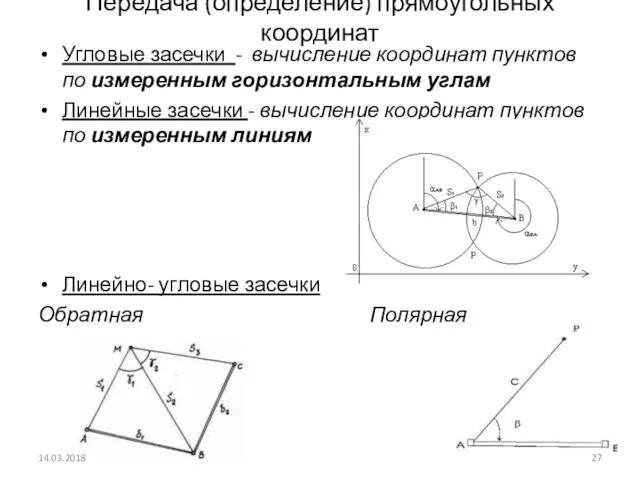 Передача (определение) прямоугольных координат Угловые засечки - вычисление координат пунктов по измеренным горизонтальным