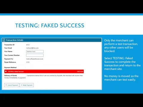 TESTING: FAKED SUCCESS Only the merchant can perform a test