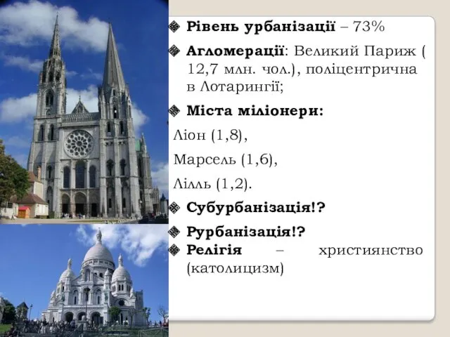 Рівень урбанізації – 73% Агломерації: Великий Париж ( 12,7 млн.