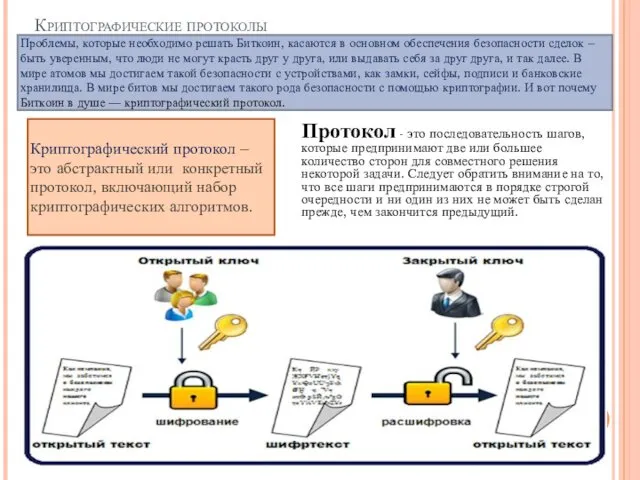 Криптографические протоколы Протокол - это последовательность шагов, которые предпринимают две