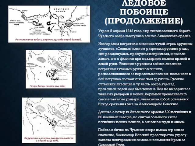 ЛЕДОВОЕ ПОБОИЩЕ (ПРОДОЛЖЕНИЕ) Утром 5 апреля 1242 года с противоположного