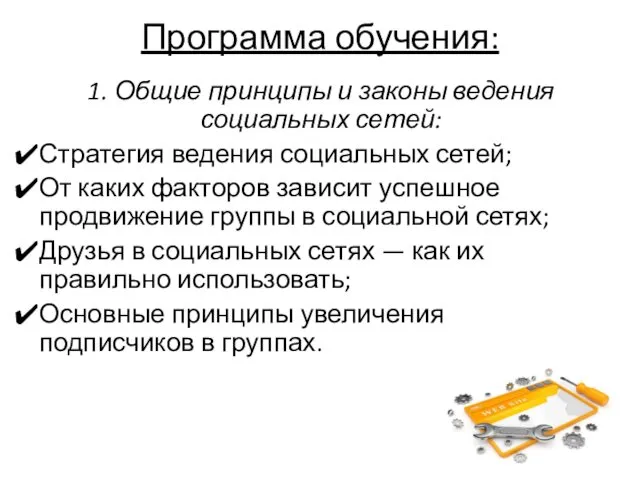 Программа обучения: 1. Общие принципы и законы ведения социальных сетей: