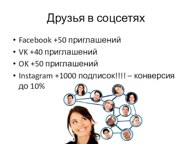 Друзья в соцсетях Facebook +50 приглашений VK +40 приглашений OK