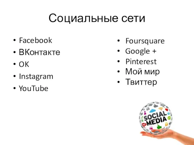 Социальные сети Facebook ВКонтакте OK Instagram YouTube Foursquare Google + Pinterest Мой мир Твиттер