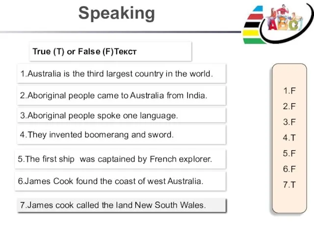 Speaking True (T) or False (F)Текст 2.Aboriginal people came to Australia from India.