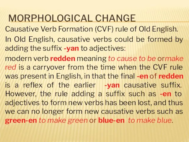MORPHOLOGICAL CHANGE Causative Verb Formation (CVF) rule of Old English. In Old English,