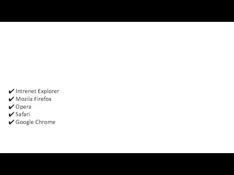 Intrenet Explorer Mozila Firefox Opera Safari Google Chrome