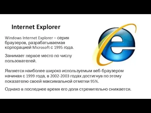 Internet Explorer Windows Internet Explorer – серия браузеров, разрабатываемая корпорацией