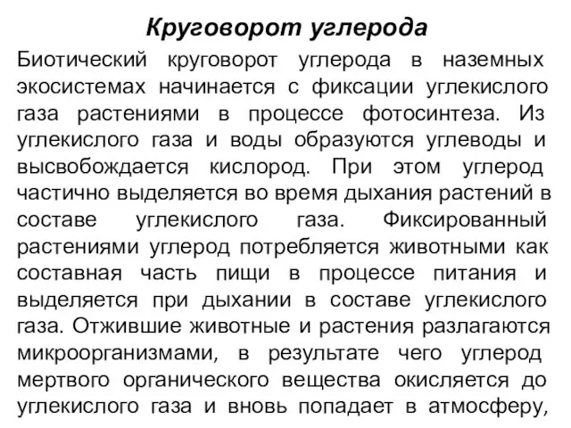 Круговорот углерода Биотический круговорот углерода в наземных экосистемах начинается с