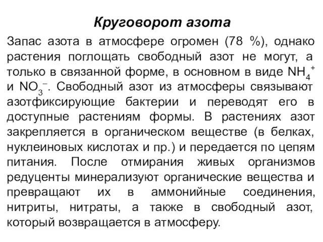 Круговорот азота Запас азота в атмосфере огромен (78 %), однако