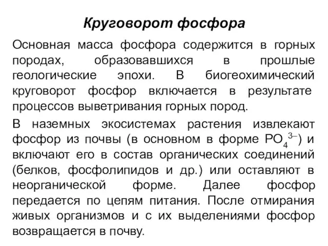 Круговорот фосфора Основная масса фосфора содержится в горных породах, образовавшихся