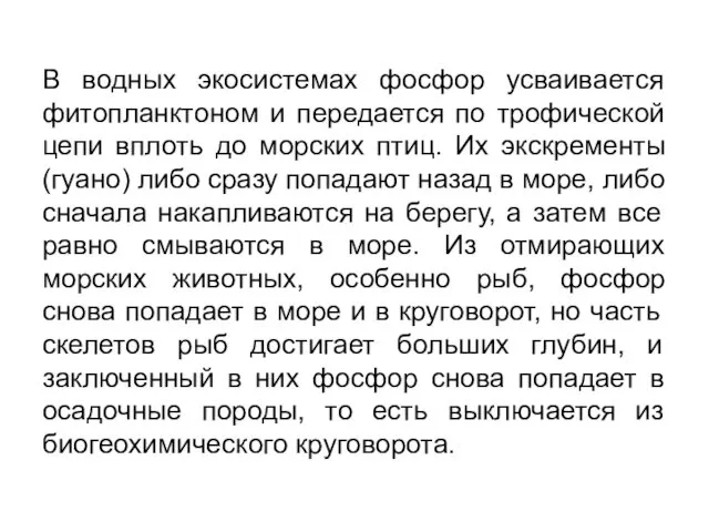 В водных экосистемах фосфор усваивается фитопланктоном и передается по трофической