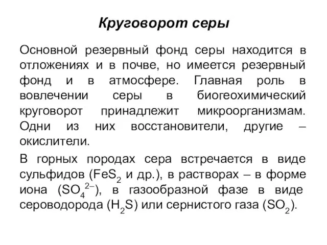 Круговорот серы Основной резервный фонд серы находится в отложениях и