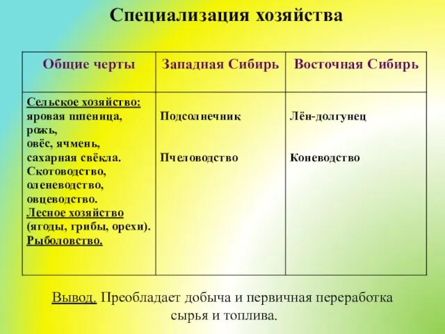 Специализация хозяйства Вывод. Преобладает добыча и первичная переработка сырья и топлива.