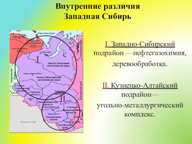 I. Западно-Сибирский подрайон —нефтегазохимия, деревообработка. II. Кузнецко-Алтайский подрайон— угольно-металлургический комплекс. Внутренние различия Западная Сибирь