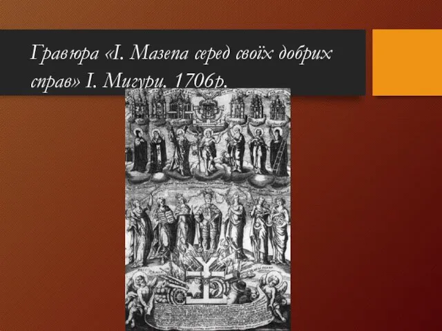 Гравюра «І. Мазепа серед своїх добрих справ» І. Мигури. 1706р.