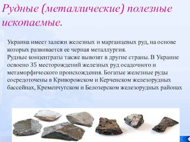 Рудные (металлические) полезные ископаемые. Украина имеет залежи железных и марганцевых