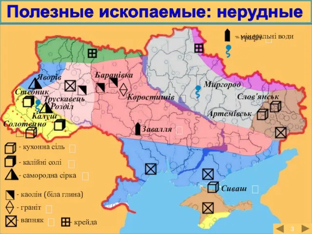 Полезные ископаемые: нерудные Калуш Розділ Стебник Яворів Завалля Солотвино Сиваш