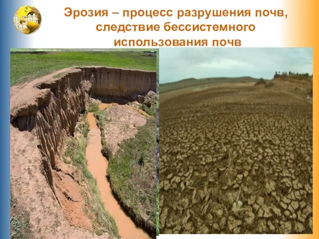 Эрозия – процесс разрушения почв, следствие бессистемного использования почв Водная
