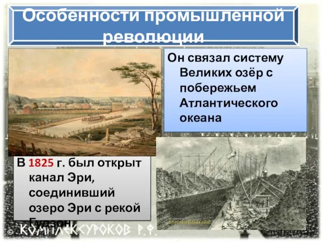 Особенности промышленной революции В 1825 г. был открыт канал Эри,