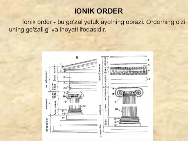 IONIK ORDER Ionik order - bu go'zal yetuk ayolning obrazi.