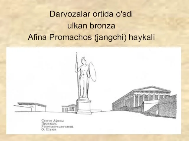 Darvozalar ortida o'sdi ulkan bronza Afina Promachos (jangchi) haykali
