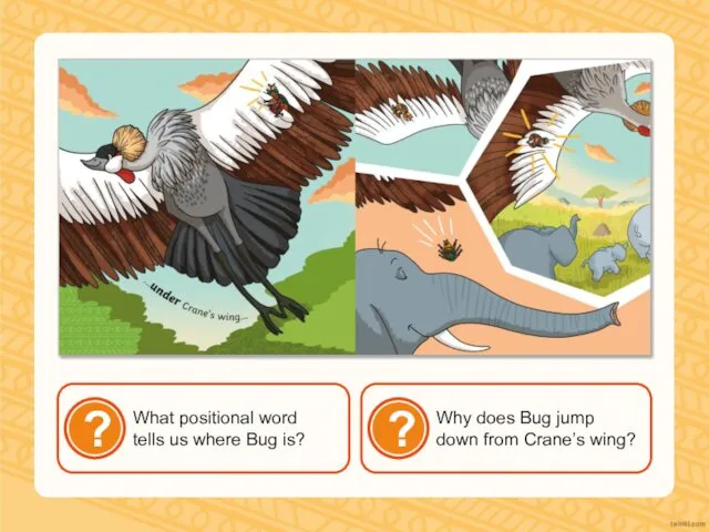 What positional word tells us where Bug is? Why does Bug jump down from Crane’s wing?