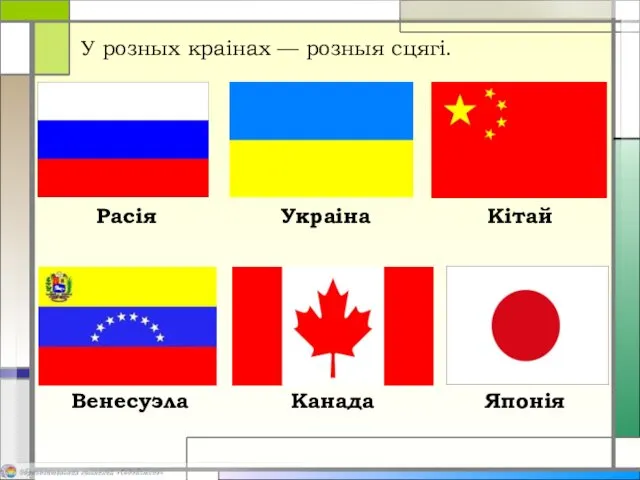 У розных краінах — розныя сцягі. Расія Украіна Кітай Венесуэла Канада Японія