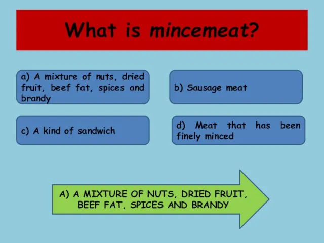What is mincemeat? a) A mixture of nuts, dried fruit, beef fat, spices