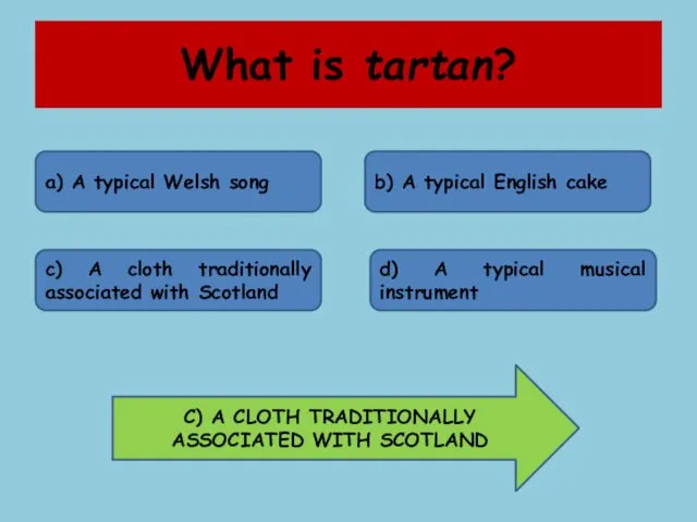 What is tartan? a) A typical Welsh song b) A typical English cake