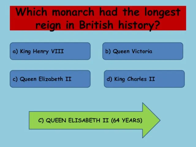 Which monarch had the longest reign in British history? a) King Henry VIII