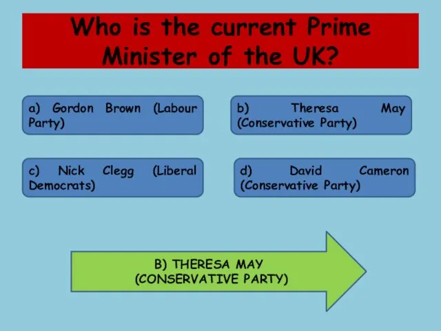Who is the current Prime Minister of the UK? a) Gordon Brown (Labour