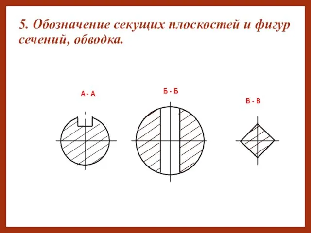 5. Обозначение секущих плоскостей и фигур сечений, обводка. А -