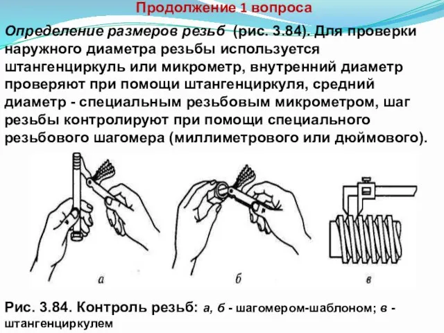 Продолжение 1 вопроса Рис. 3.84. Контроль резьб: а, б -